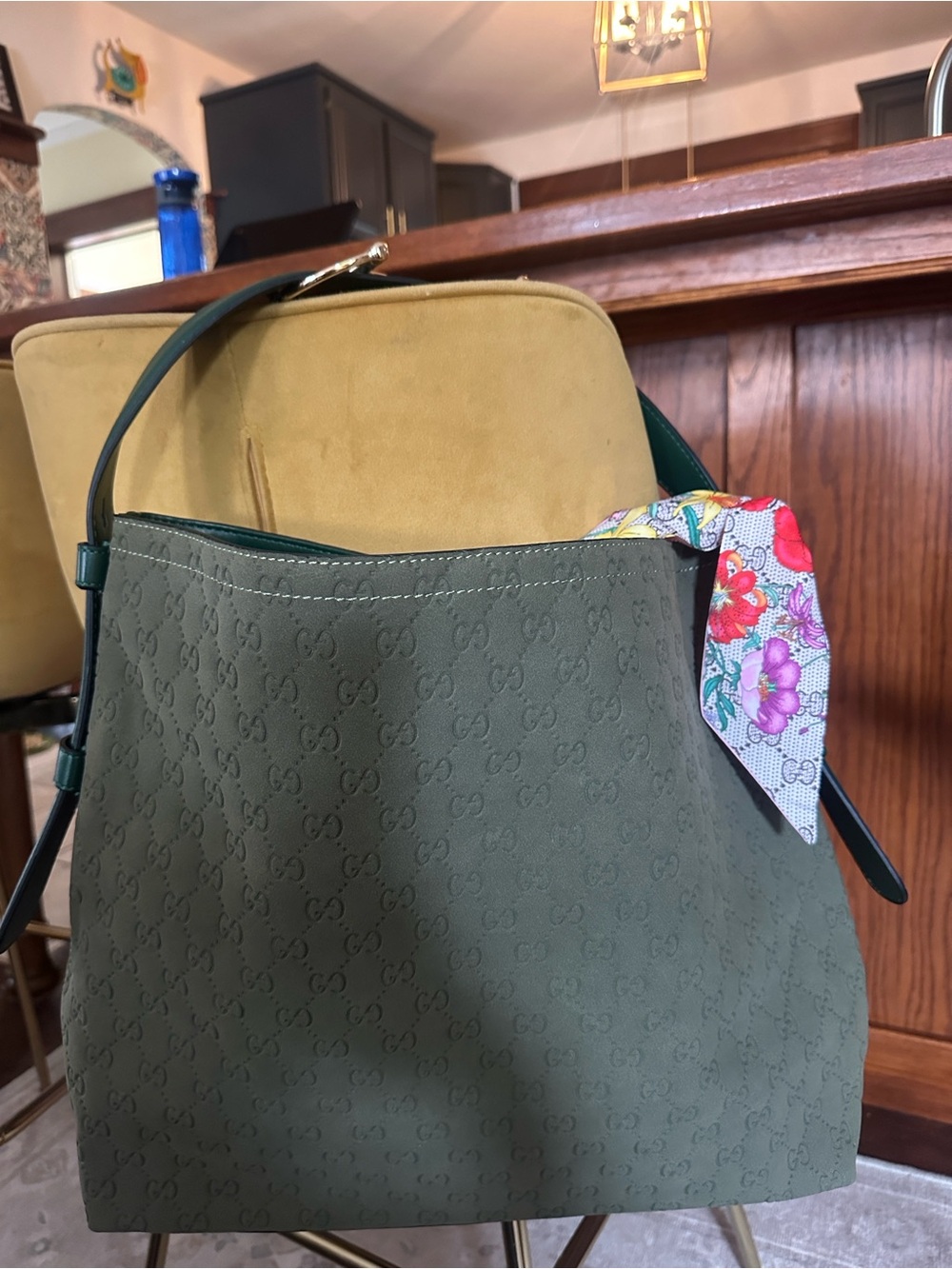 Large Green Luxury Monogram Shoulder Bag with Floral Scarf